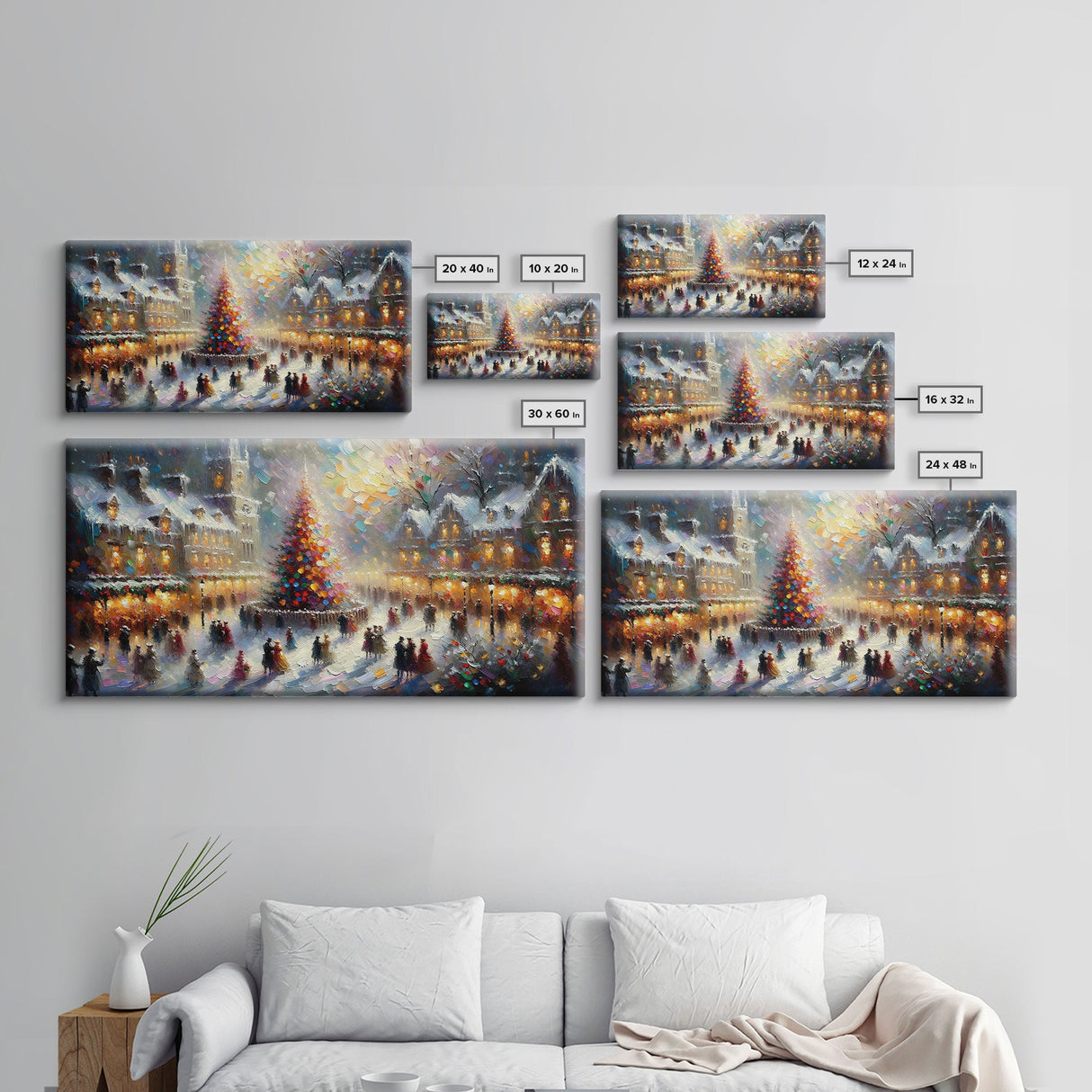Retro Style Christmas Canvas Print | Framed Canvas Print | Christmas Village | Winter Wonderland | Impasto Style Painting | Seasonal Decor
