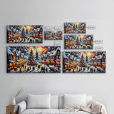 Retro Style Christmas Canvas Print | Framed Canvas Print | Christmas Village | Winter Wonderland | Impasto Style Painting | Seasonal Decor