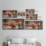 Retro Red Trolley Car Decorated For Christmas, Framed Canvas Print, Christmas Wall Art, Christmas Decor Mom Christmas Gift Christmas Village