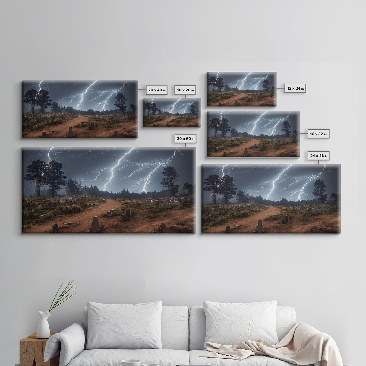 Gloomy Haunted Graveyard At Night, Lightning Storm, Halloween Cemetery Art, ready to hang canvas print wall art