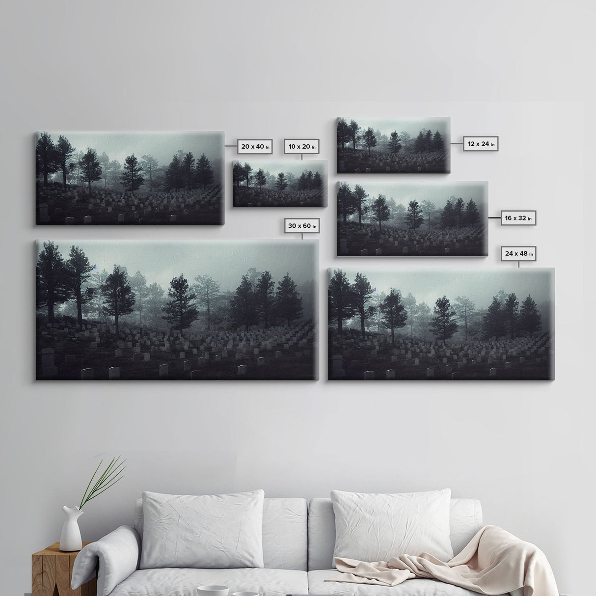 Creepy Haunted Cemetery, Spooky Halloween Art, Graveyard, ready to hang canvas print wall art, Black And White Art, Halloween Decor