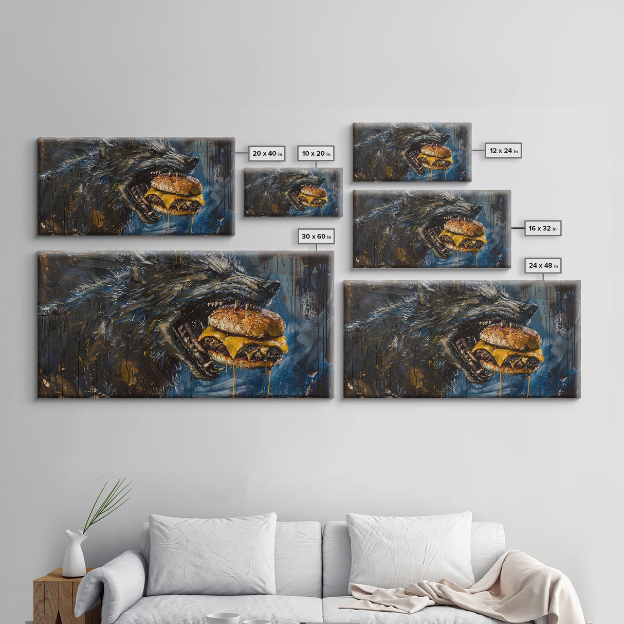 Big Ol Werewolf Having A Cheese Burger - Framed Canvas Print - Funny Halloween Art