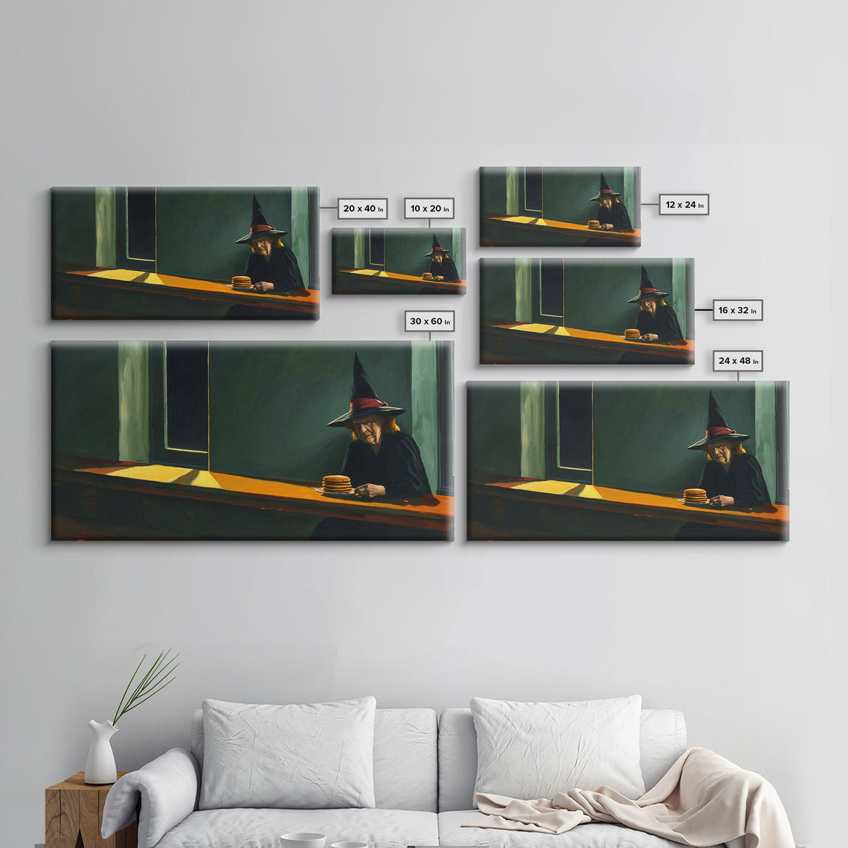 Sad Old Witch Having Some Pancakes, Funny Halloween Art, Framed Canvas Print, Liminal Art