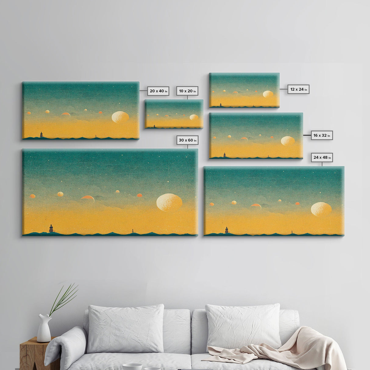 Art deco light house at sunset canvas print, sunset, vintage 20s style wall art, 30s style wall art, orange and turquoise sunset art