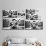 Highland Cow Wearing Santa Hat, Festive and Fun Framed Canvas Print for Holiday Wall Art, Living Room or Bedroom Decor