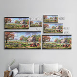 Tranquil Farm Scene with Red Barn and Tractor, Idyllic Rural Art, Framed Canvas Print, Country Wall Decor, Living Room Decoration