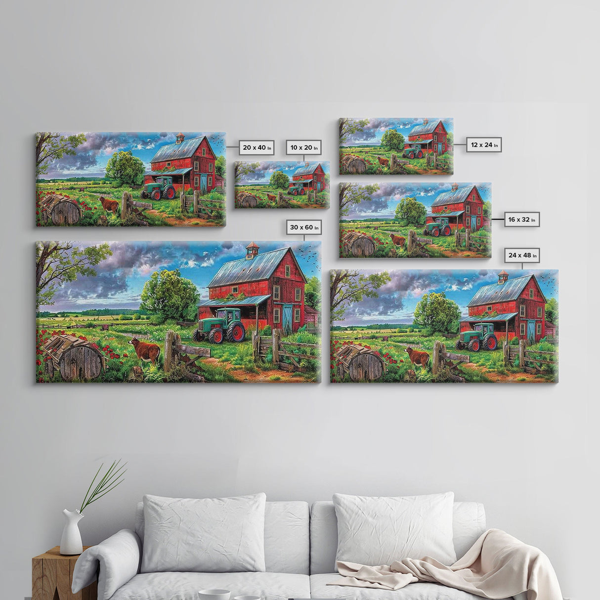 Rustic Barn with Green Tractor in Field, Stunning Country Art, Framed Canvas Print, Farmhouse Wall Decor, Living Room Decoration