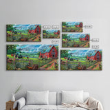 Green Tractor and Red Barn with Farm Animals, Vibrant Rural Art, Framed Canvas Print, Country Wall Decor, Living Room Decoration