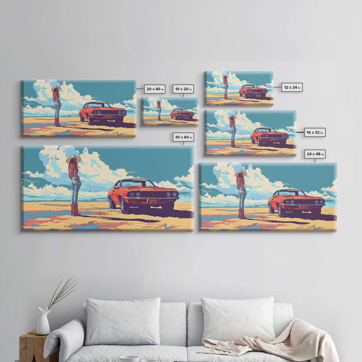 Stylized Cowgirl with Red Car in Vast Desert, Framed Canvas Print for Bedroom, Ideal Living Room Art, Retro Wall Decor