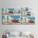 Stylized Cowgirl with Red Car in Vast Desert, Framed Canvas Print for Bedroom, Ideal Living Room Art, Retro Wall Decor