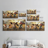 Cute cows peeking through barn fence, Framed Canvas Print, ideal for farmhouse living room, country style wall art decor