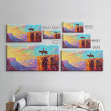 Cowboy on Horse Overlooking Canyon Sunset, Farmhouse Style Framed Canvas Print for Living Room Wall Art, Vibrant Home Decor, Western Scene