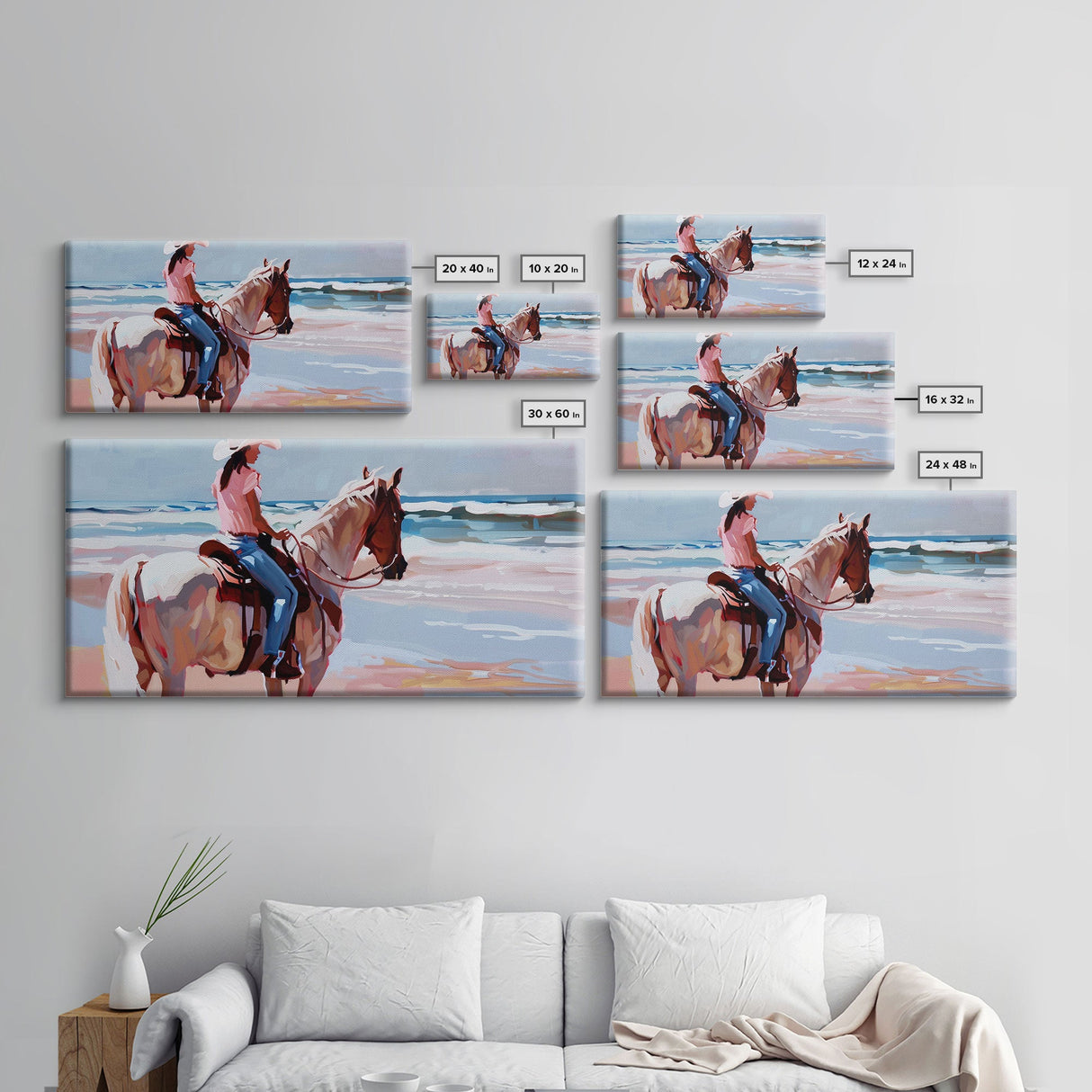 Horseback Riding by the Sea, Calm Framed Canvas Print, Perfect for Coastal Living Room Art, Beach Bedroom Decor, Equestrian Wall Art