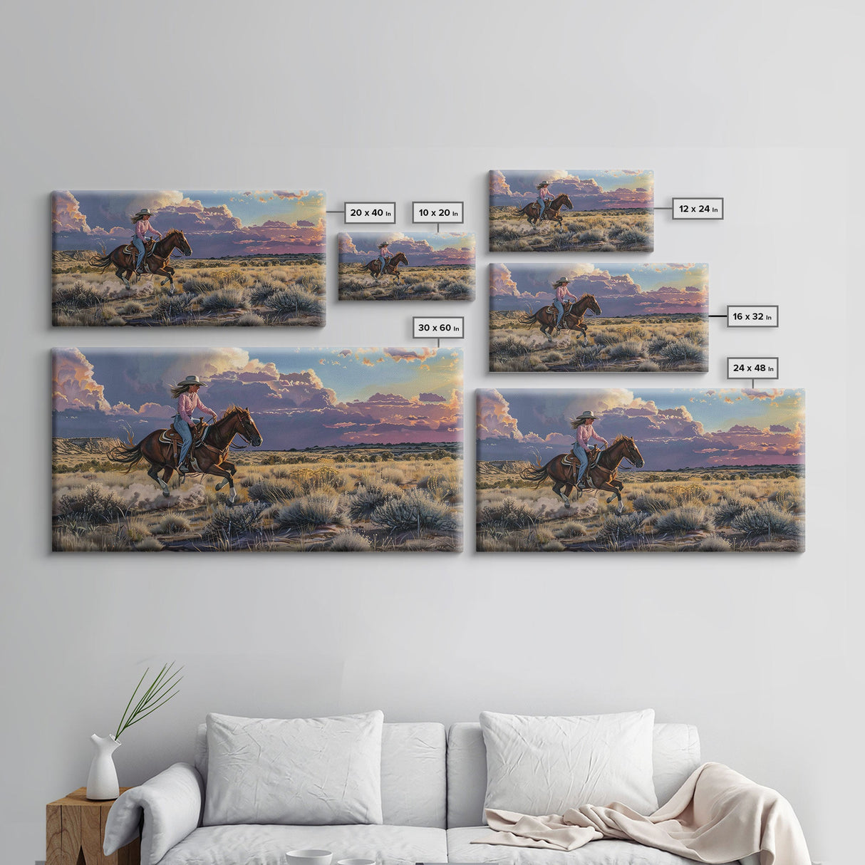 Cowgirl Galloping Across Desert Landscape, Vibrant Framed Canvas Print, Perfect for Living Room Art, Western Bedroom Decor, Desert Wall Art