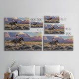 Cowgirl Galloping Across Desert Landscape, Vibrant Framed Canvas Print, Perfect for Living Room Art, Western Bedroom Decor, Desert Wall Art