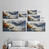 Majestic Elk in Misty Mountains, Framed Canvas Print, Perfect for Living Room Art, Rustic Bedroom Decor, Nature Wall Art, Wildlife Scene