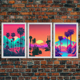 California Desert Art, Retro / Vaporwave / Synthwave 80s Vibes 3 Piece Canvas Prints, Game Room Art, Living Room / Bed Room Retro Decor