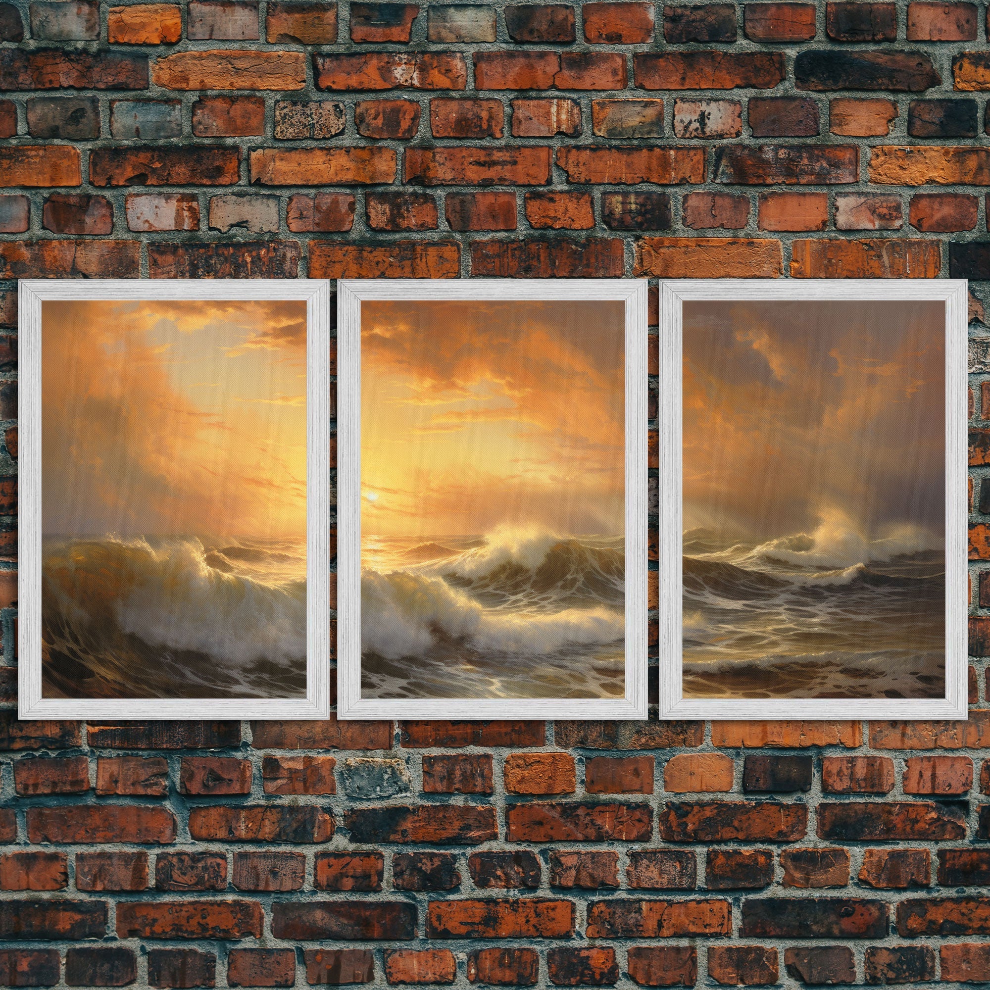 3 Piece Sunrise Ocean Painting On Canvas, Abstract Sea Landscape