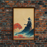 Red And Blue Japanese Samurai Warrior Wall Poster, Fine Art Print
