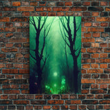 Emerald green city streets under a full moon, cool spooky art, framed canvas print
