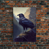 Portrait of a raven in the mountains, crow art, framed canvas print, framed wall art
