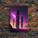 The Monoliths, Scifi art, retro synthwave style alien planet art, framed canvas print