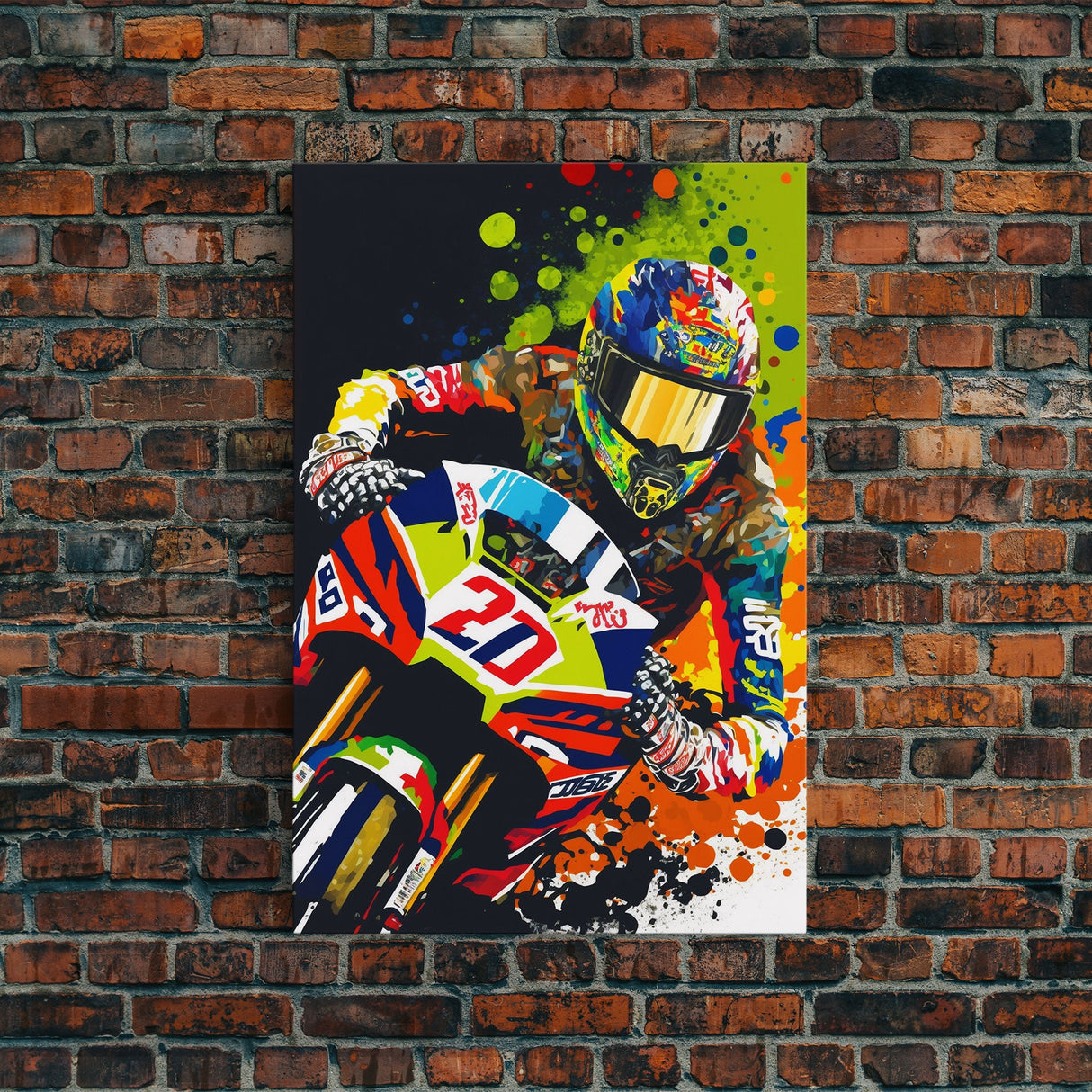 Pop Art Moto Racer, Motorcycle Art, WPAP Style, Framed Canvas Print, Graffiti style motorcycle art, dirt bike racer art