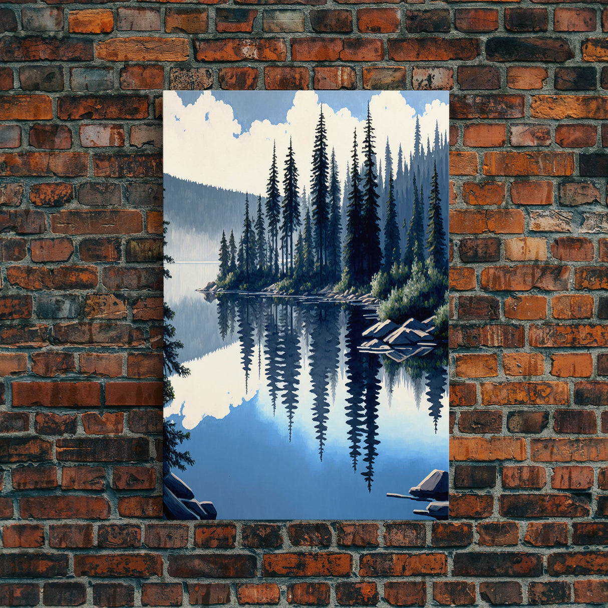 Washington State Pine Tree Forest and Lake Reflection, Framed Canvas print, watercolor painting print, unique living room wall art