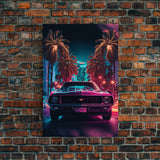 American Muscle Car on Sunset Strip, Retro Synthwave Art, Framed Canvas Print, Gift For Him, Muscle Car Art