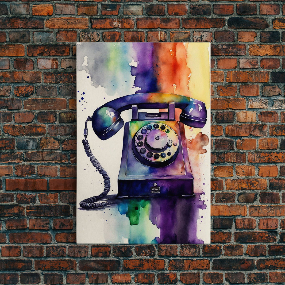 Retro Rotary Phone Art, Watercolor, Framed Canvas Print, Large Wall Art, Retro Style Decor