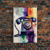 Retro Rotary Phone Art, Watercolor, Framed Canvas Print, Large Wall Art, Retro Style Decor