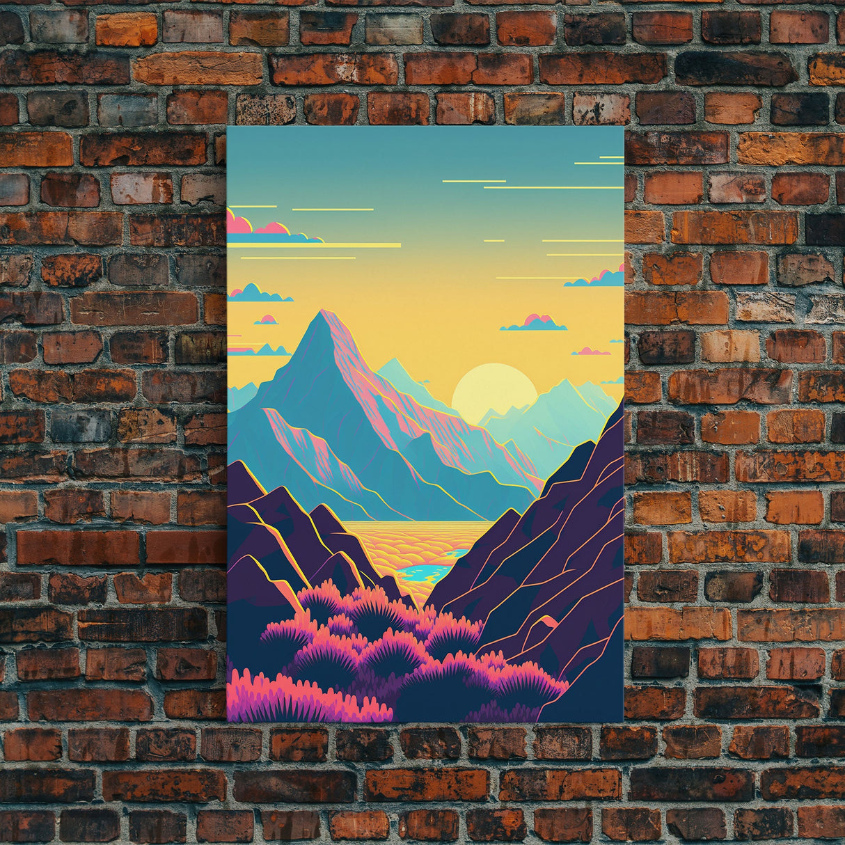 Peach Sunset, Fantasy Mountain Landscape Art, Framed Canvas Print, Minimalist Art Deco Inspired Wall Art