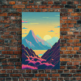 Peach Sunset, Fantasy Mountain Landscape Art, Framed Canvas Print, Minimalist Art Deco Inspired Wall Art
