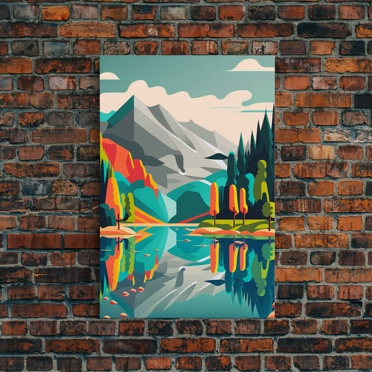 Retro Midcentury Style Wall Art, Framed Canvas Print, Colorful Wall Art, Mountain Landscape, Office Decor, Low Res Art