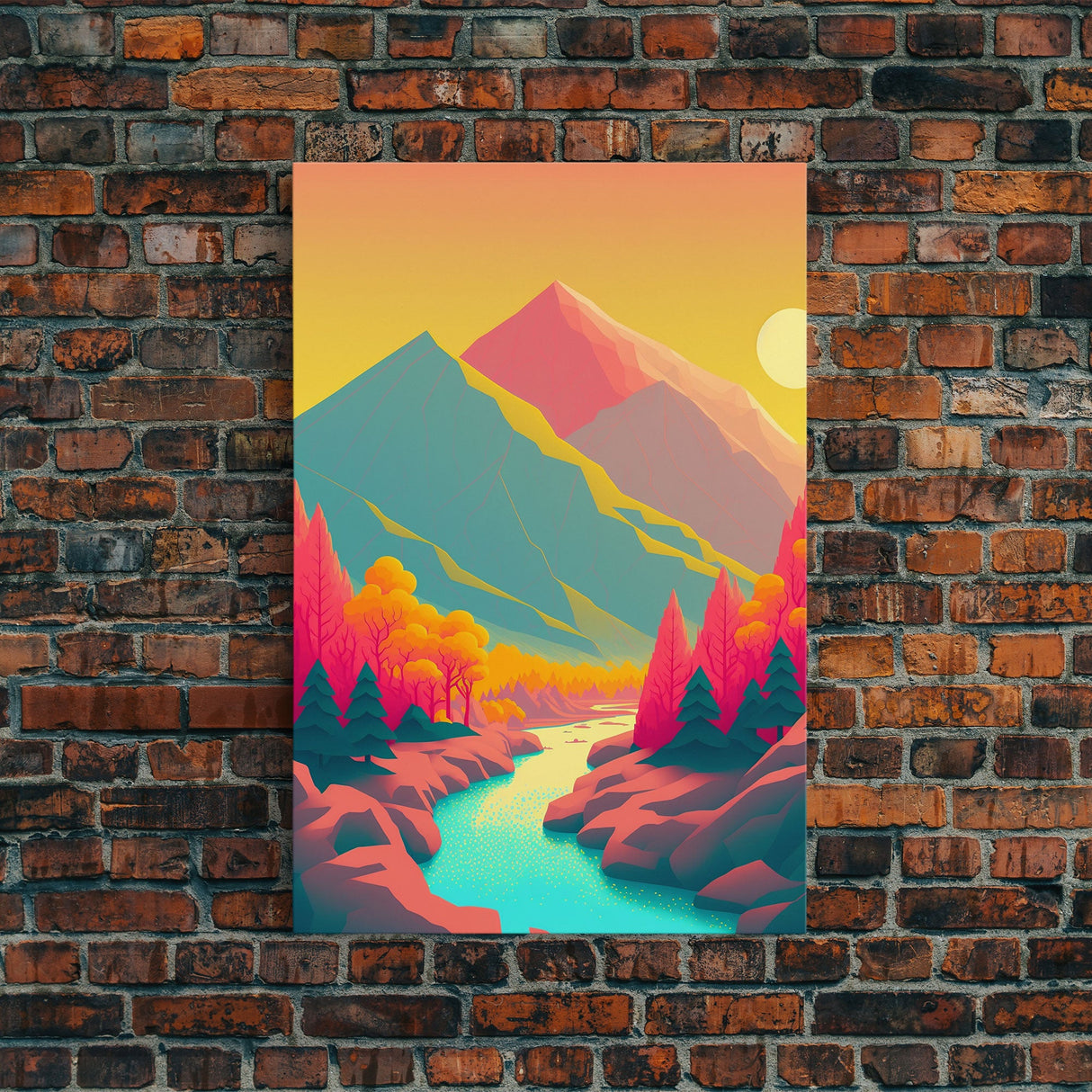 Surrealist Pop Art, Pink Turquoise Landscape Art, Framed Canvas Print, Minimalist Art