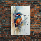 Watercolor of a Kingfisher, Framed Canvas Print, Bird Painting, Bird Watcher Art, Blue and Orange Kingfisher Watercolor Painting