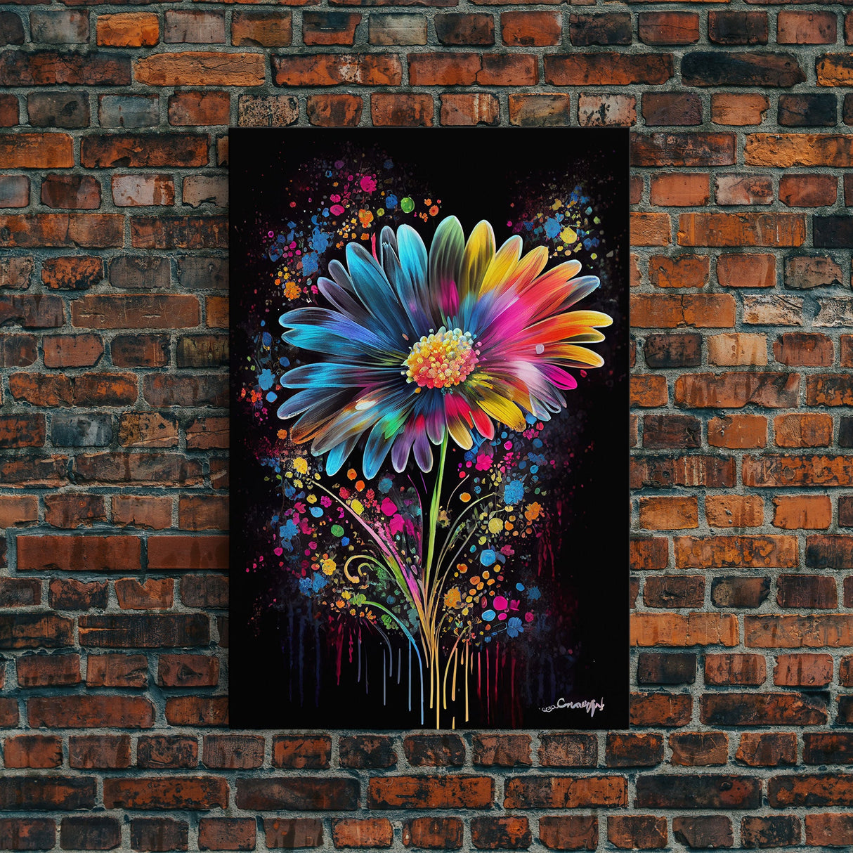 Neon Graffiti Flowers, Framed Canvas Print, Original Painting, Huge Wall Art, Large Format Living Room Art