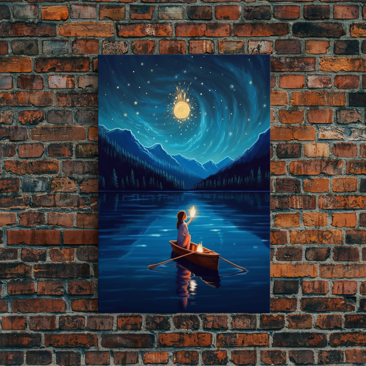 Starry Night, Girl Wizard Lights Up The Night Sky, Fantasy Art, Framed Canvas Print, Fantasy Painting Print, Original Art