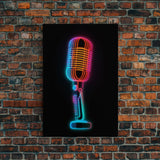 Neon Lights Retro Microphone Wall Art, Vibrant Art, Music Room Wall Art, Minimalist Print, Wall Decor, Canvas Print, Wall Art, Framed Canvas