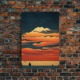 Retro Japanese style wall art, sunrise over the mountains, canvas print, woodblock print style art, Hokusai vintage style wall art
