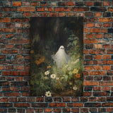 The Ghost Amongst The Flowers, Halloween Canvas Print, Framed Canvas Art, Halloween Decor, Dark Academia, Horror Prints, Oil Painting