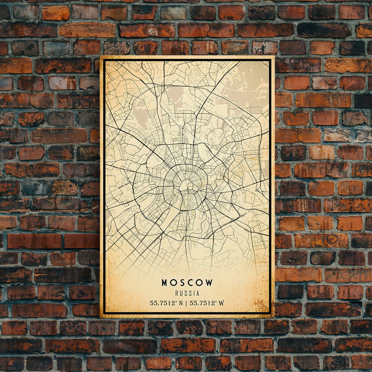 Vintage Style Moscow City Map Wall Art Canvas Print, Distressed Moscow Russia Map, Framed Wall Art, Cool Moscow Travel Wall Art, Office Art