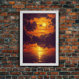 Orange Sunset, Psychedelic Sepia Sunset Art, Framed Canvas Print, Ready To Hang Framed Wall Art