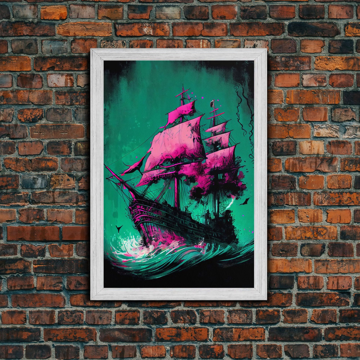 Watercolor of a haunted ghost pirate ship, framed canvas print wall art