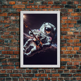 Space man jam, astronaut playing guitar in space, framed canvas print wall art