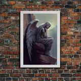 Sad angel sitting on a roof, angelic art, framed canvas print, canvas art, framed wall art