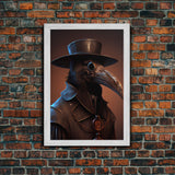 Crow wearing a plague doctor mask, poster art, cool spooky fine art poster print