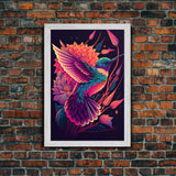 Beautiful Retro-Wave Humming Bird, framed canvas print, Colorful farmhouse wall art