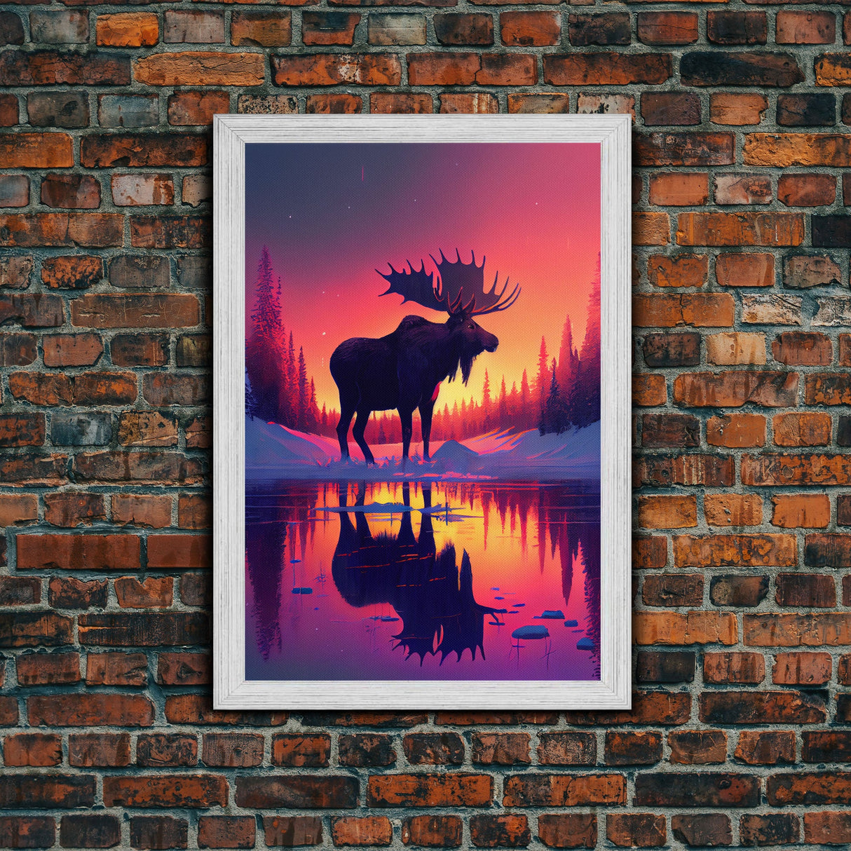 Moose of Canada, retrowave inspired Nature art, framed canvas print, cabin art, colorful farmhouse decor