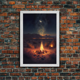 Primitive Art, Campfire under the stars, camping art, framed canvas print